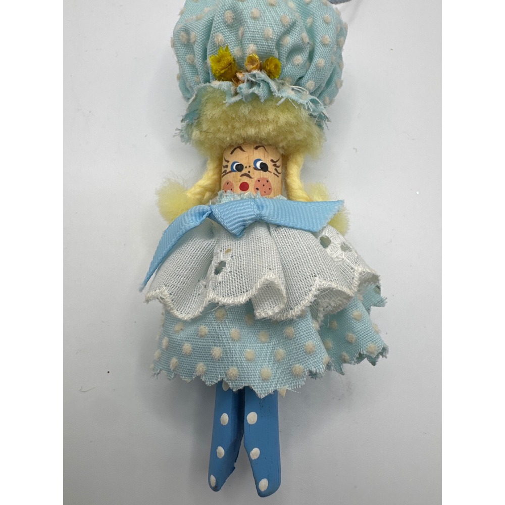 Vintage Handmade Clothespin Doll Ornament Blue Polka Dot Folk Art 4.5"